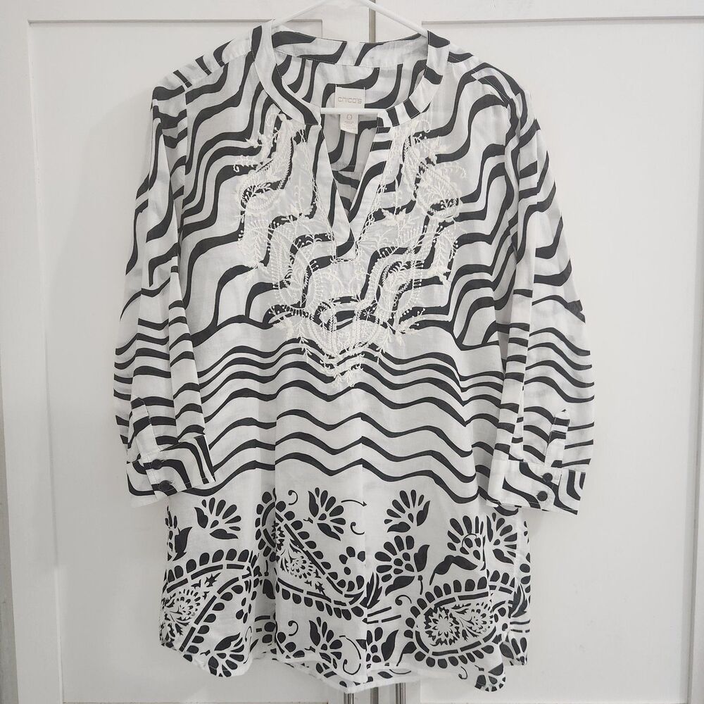 Chicos Size 0 White Black Cotton Embroidered Tunic Blouse Boho Peasant Shirt